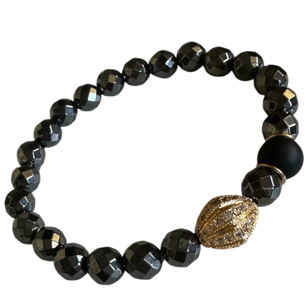 CLASSIC 8mm Hematite Onyx Stretch Bracelet Black Silver Gold Pave 6–7” Statement
